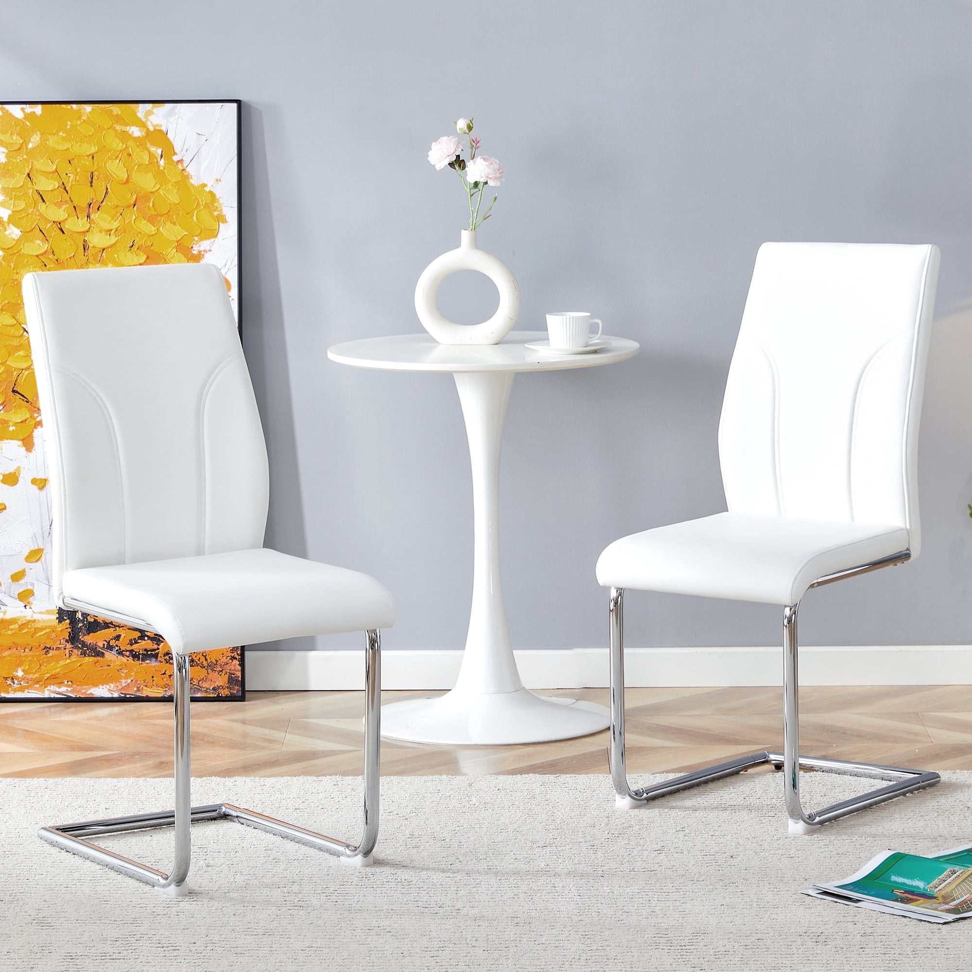 White PU Dining Chairs Set of 2 with High Back and Chrome Cantilever Legs for Dining Room Kitchen