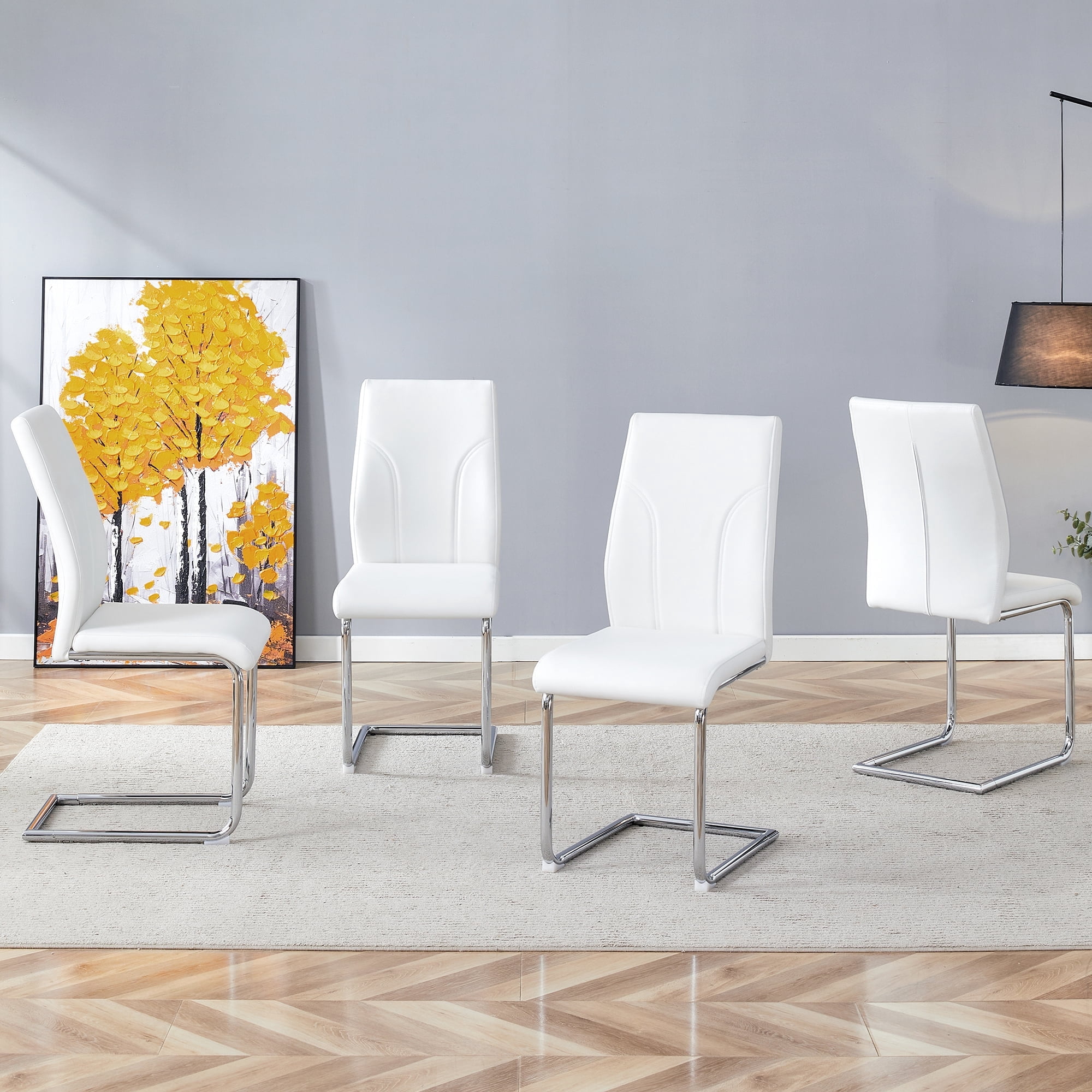 White PU Dining Chairs Set of 4 with High Back and Sturdy Legs for Dining Room Kitchen Living Room