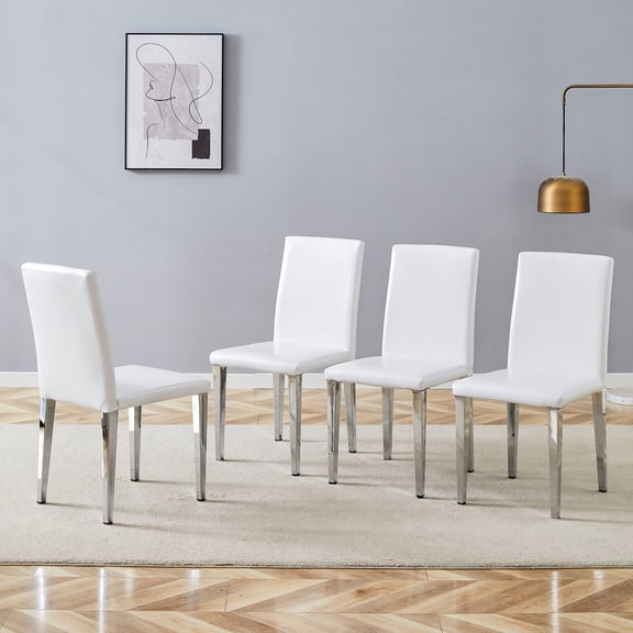 White PU Dining Chairs with Silver Metal Legs, Simple Versatile Comfortable, Set of 4