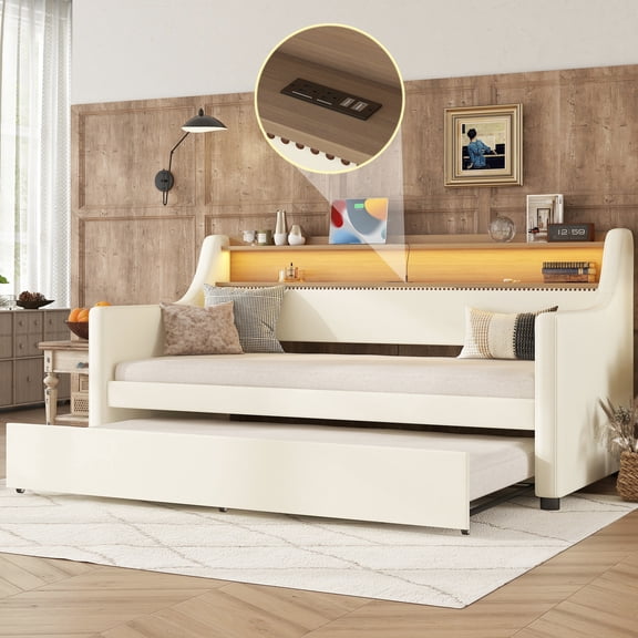 White PU Leather Daybed with Trundle / Charging, Lighting & Storage Headboard
