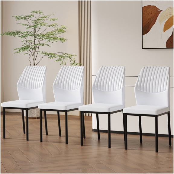 White PU Leather Dining Chairs Set of 4, Modern Kitchen Side Chairs with Black Metal Legs and Vertical Stripe Back Design