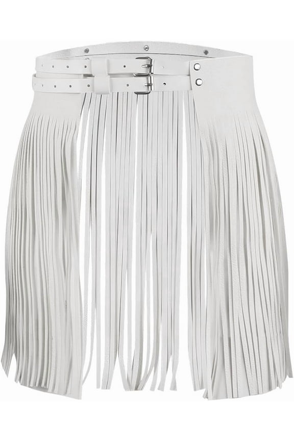 White PU Leather Fringe Skirt Belt Western Punk Wide Leather Tassel Waist Belt Vintage Gypsy Style Gothic Party Rave Waistbands