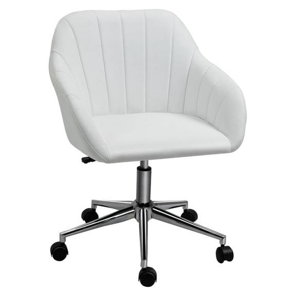 White PU Leather Office Chair, Mid-Back Swivel Task Chair for Home, Tub Design Armchair