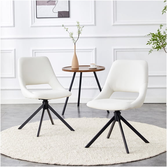 White PU Leather Swivel Dining Chairs Set of 2, Modern Kitchen Chairs with High Back, 360 Rotating and Auto-Return, Comfortable Seating for Dining Room, Study or Cafe