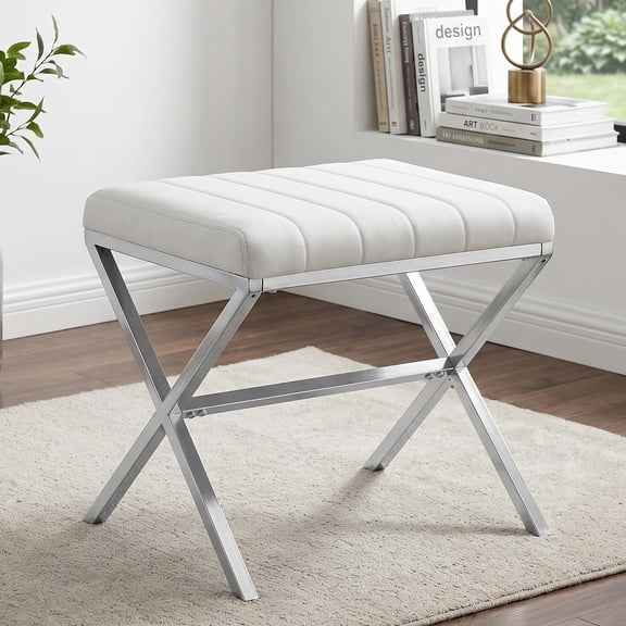 White PU Leather Vanity Stool with Metal X-Frame Legs, Modern Makeup Bench