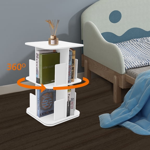 White PVC 39cm Rotating Bookcase Double-Layer Rotatable Floor Bookcase 360-Degree Rotating Shelf