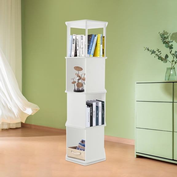 White PVC 4-Storey Hexagonal Rotating Bookcase 360 Rotating Floor Storage Rack