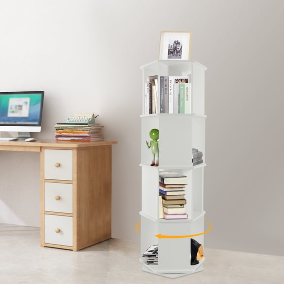 White PVC Wood Plastic Plate 38.6x38.6x133cm 4-Story Hexagonal Bookcase 360 Rotating Multifunctional Display Stand