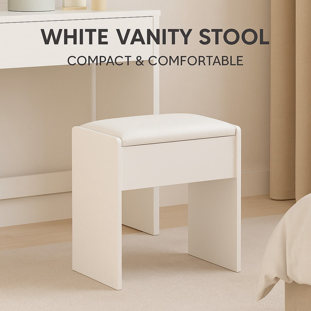 White Padded Vanity Stool • Compact Makeup Bench For Bedroom & Dorm ...