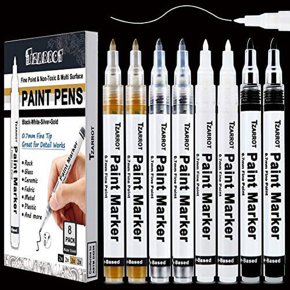 White Paint Pen, 8 Pack 0.7mm Acrylic Paint Pens with 2 White 2 Black 2  Gold 2 Silver Paint Pen Permanent Marker for Wood Rock Fabric Metal Plastic
