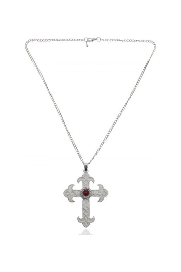White Paint Red Jewel Tribal Cross Clean Style Costume Fashion Pendant Necklace