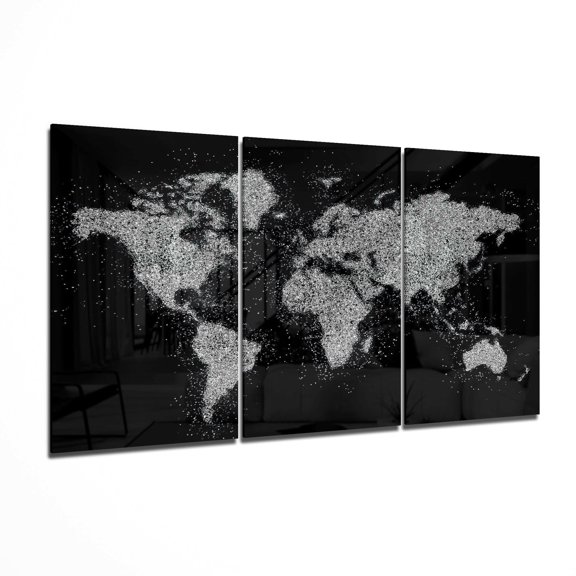 White Paint Splatter World Map Glass Wall Art