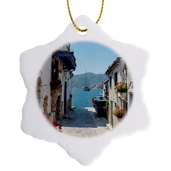 3drose, White Painted Stone Houses and Cobblestones of Old Marmaris, 3 inch Snowflake Porcelain Ornament