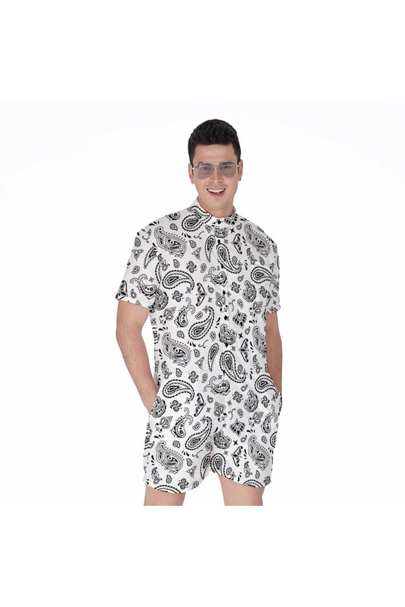 White Paisley Bandana Pattern Short Sleeve Men'S Rompers, Bandana Pattern Casual Summer Jumpsuits Outfit
