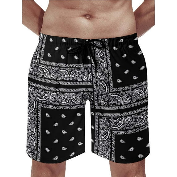 White Paisley Mens Swim Trunks Quick Dry Stretch Board Shorts with Soft Mesh Lining Funny Beach Short with Pockets 2XL-3XL