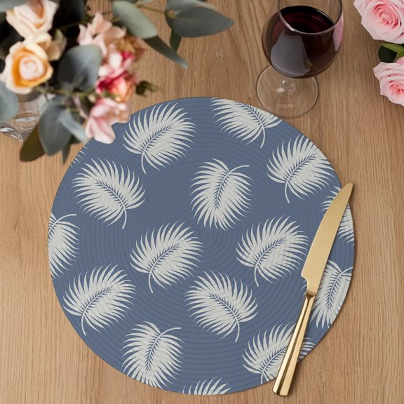 White Palm Leaves Round Braided Placemats Set of 1, Coastal Tropical Foliage Blue Heat Insulation Place Mats Washable Non-Slip Table Mats for Kitchen Dining Party, 13 Inches