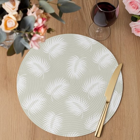 White Palm Leaves Round Braided Placemats Set of 8, Coastal Tropical Foliage Cream Heat Insulation Place Mats Washable Non-Slip Table Mats for Kitchen Dining Party, 13 Inches