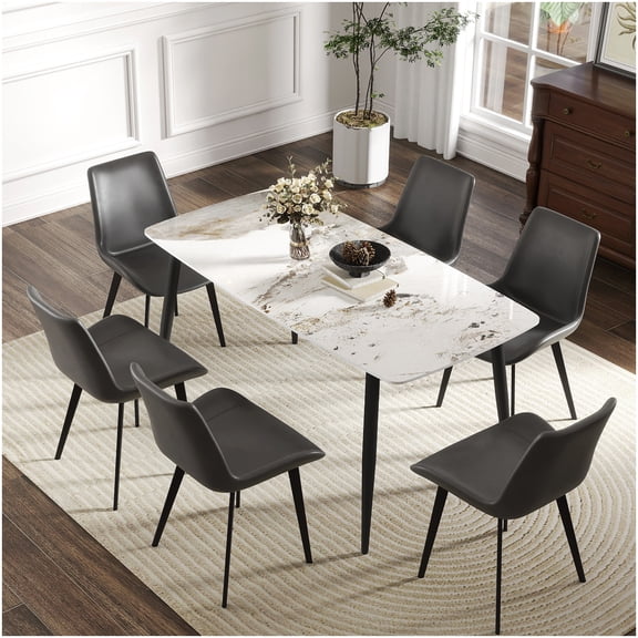 White Pandora Curved Edge Dining Table with Black Metal Base, Sintered Stone Top for 6 Persons