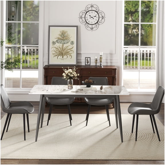 White Pandora Sintered Stone Dining Table, 62.99 Inch Modern Table with Dark Grey Legs for 6