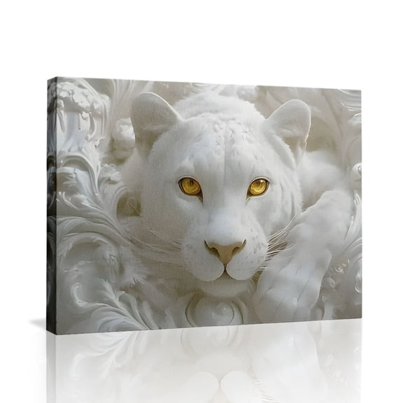 White Panther Marble Sculpture Canvas Wall Art (Elegant Wild Tone) Ready to Hang for Living Room