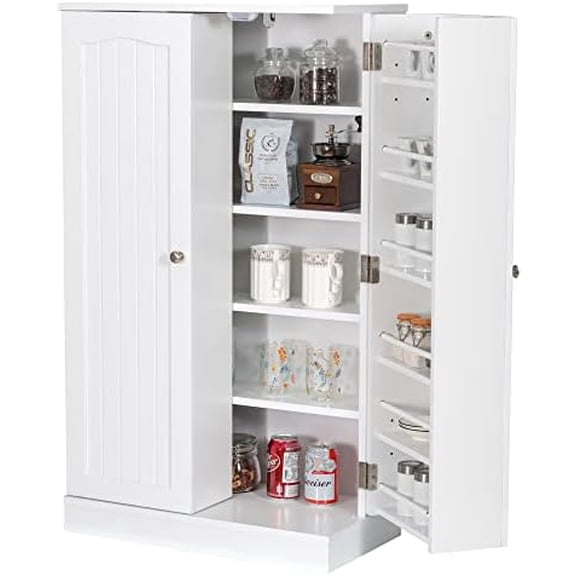 White Pantry Cabinet, Multifunctional Floor Storage Cabinet with Adjustable Shelves and Anti-toppling Device, Compact Kitchen Cupboard with Double Doors, 23 x 12 x 41 inches