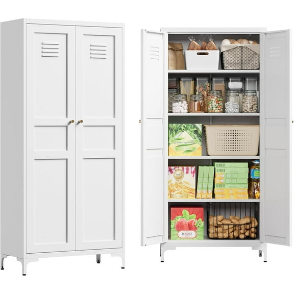 White Pantry Storage Cabinet 61-Inch High Cupborad Storage Cabinets with Doors and Shelves, Metal Kitchen Cabinet for Home, Dining Room, Bedroom, Living Room, Bathroom(White)