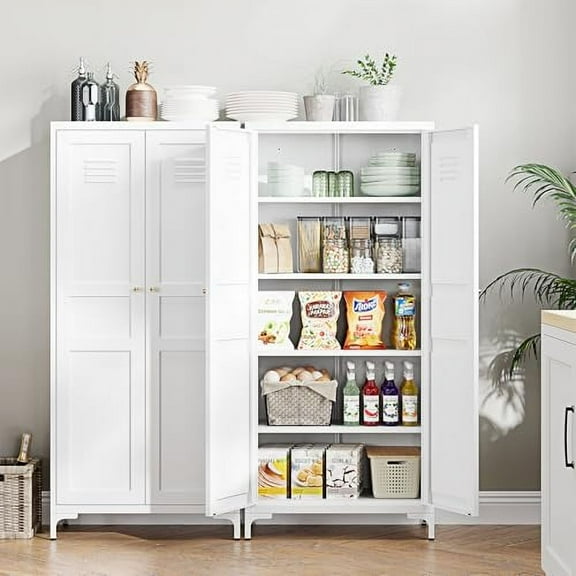 White Pantry Storage Cabinet 61-Inch High Cupborad Storage Cabinets with Doors and Shelves, Metal Kitchen Cabinet for Home, Dining Room, Bedroom, Living Room, Bathroom