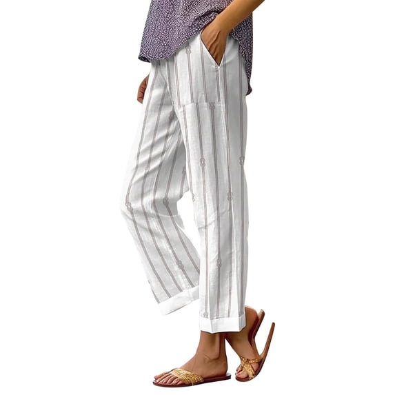White Pants for Women Botanical Floral Design Loose Pocket Casual Pants