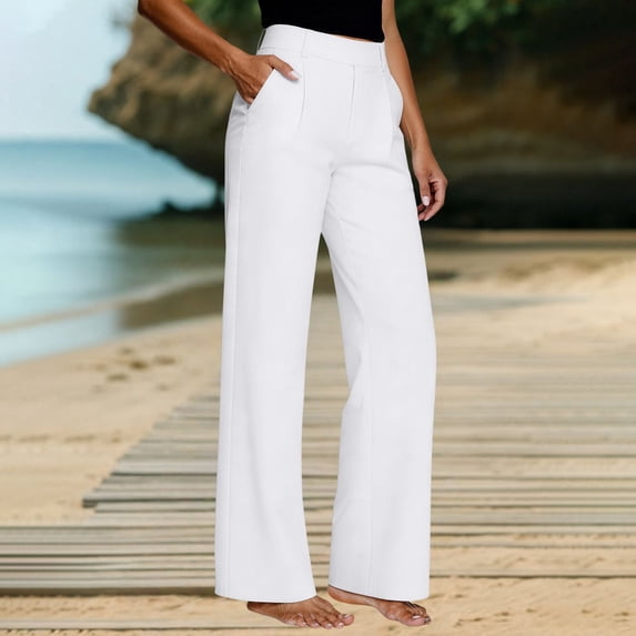 White Pants for Womens Dress Pants Wide Leg Work Slacks Stretchy Straight High Waisted Trousers