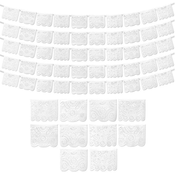 White Papel Picado Banner (5 pack - 10 Plastic Flags per String) - White Mexican Banners for Parties and Weddings by Fiesta Wraps