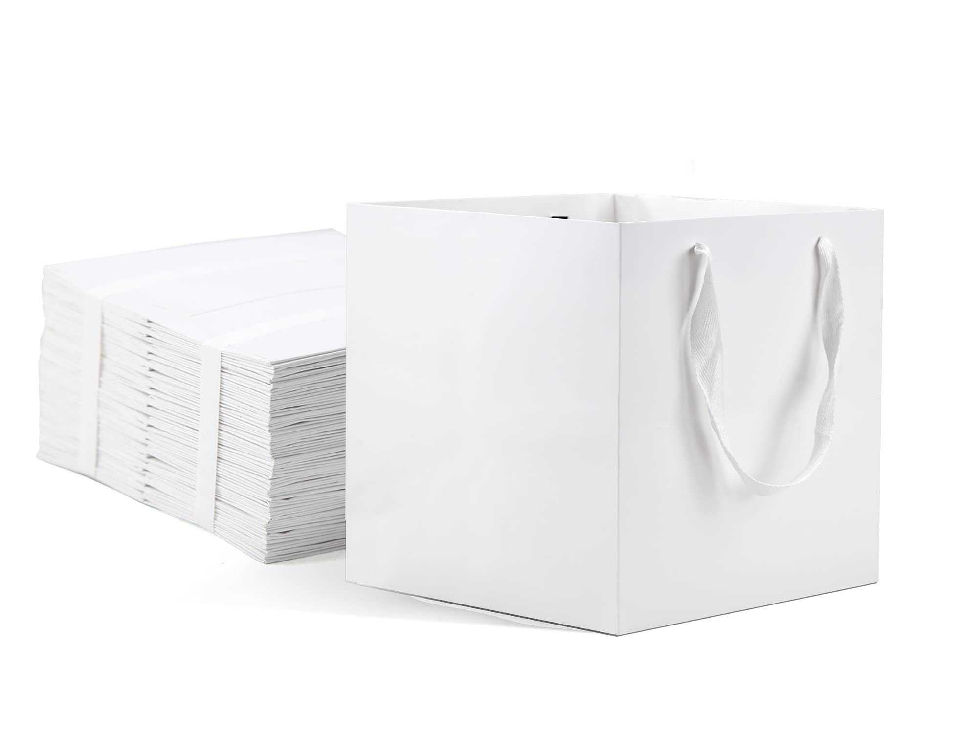 White Paper Bags with Handles Bulk 24 Pack, 8x8x8inch Square Size