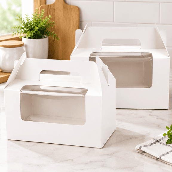 White Paper Cupcake Boxes with Insert, Handle and Window, Portable Cupcake Muffin Containers, Gable Bakery Gift Boxes Party Favor Treat Boxes for Wedding Birthday Father's Day