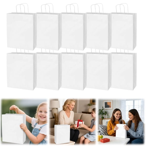 White Paper Gift Bags With Handles 10 Pack Medium Size Sturdy Kraft Construction For Retail Store Market Grocery Shopping（33*25Cm）