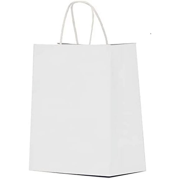 White Paper Gift Bags with Handles Bulk 25 pcs 8x4.5x10 Medium White Paper Bags for Gifts, Valentines, Shopping, Retail