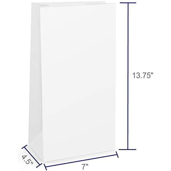 White Paper Lunch Bags 12LB 7x4.5x13.75 Inches 100Pcs Recycled Kraft Paper Bags Bulk, Disposable, Large for Snack, Lunch, Sandwich, Burger, Baked Food, Craft, Packing