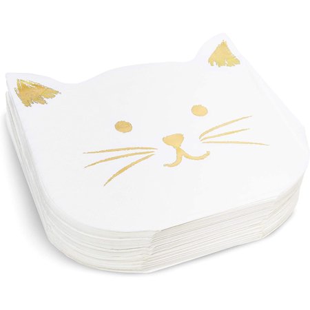 White Paper Napkins with Gold Foil for Cat Party Supplies (6.5 x 6.5 In, 50-Pack)