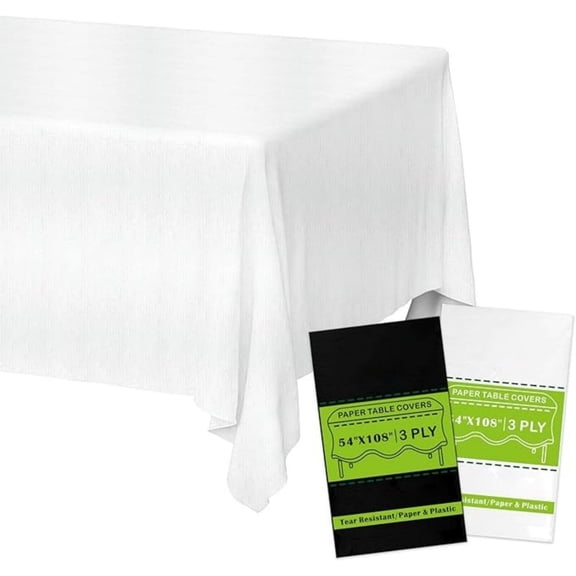 White Paper Tablecloths Disposable for Rectangle Tables 12 Pack,3 Ply Paper & Plastic Quality Table Cloth for Parties,54 x 108 Inch Birthday Table Cover Outdoor Wedding Banquet Tabl ver
