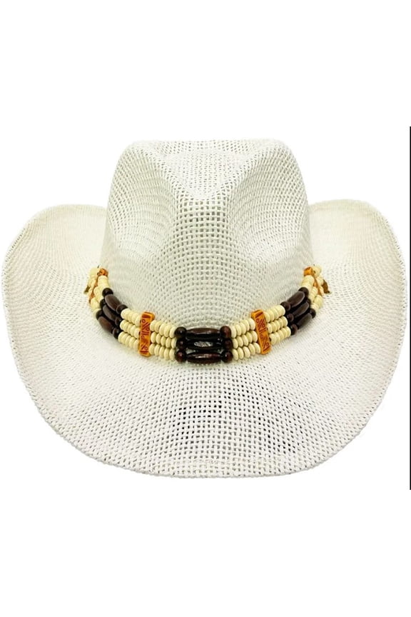 White Paper Woven Straw COWBOY HAT Shapeable w/ Beads Band WOMEN WESTERN Cowgirl - New with box/tags