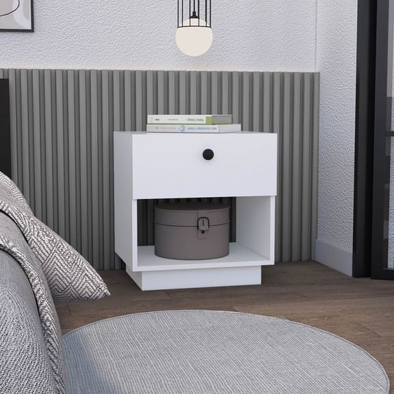 White Paris Nightstand with 1 Storage Drawer and Open Lower Shelf, Multi-Purpose End Side Table Bedroom Storage Furniture