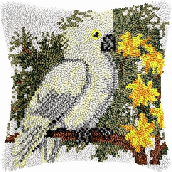 White Parrot Bird Latch Hook Pillows Kits Cushion Pillow Cover with Pattern PrintedCanvas Sofa Hooking Pillows Crafts Embroidery Latching Hooking Crochet Kits 17x17 inch(147)
