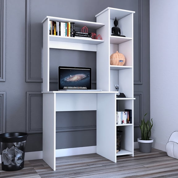 White Particle - Board Desk with Five Cubbies / Good for Office Storage