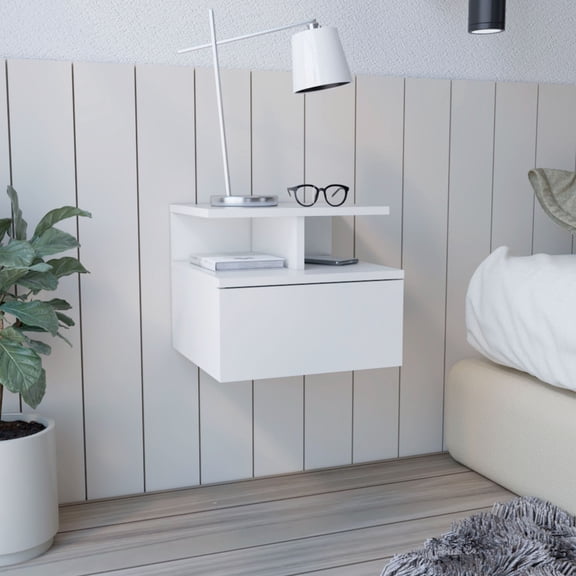 White Particle Board Floating - One Drawer and Shelf Storage - Bedroom End Table - Perfect for Limited Space