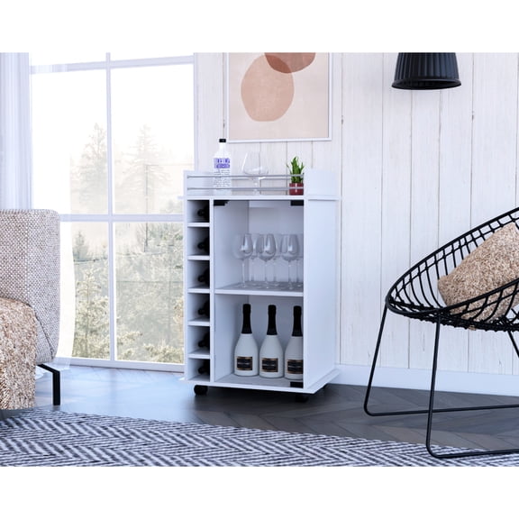 White Particle Board - Lockable Wheels & Two Shelves - Living Room Bar - Easy Mobility