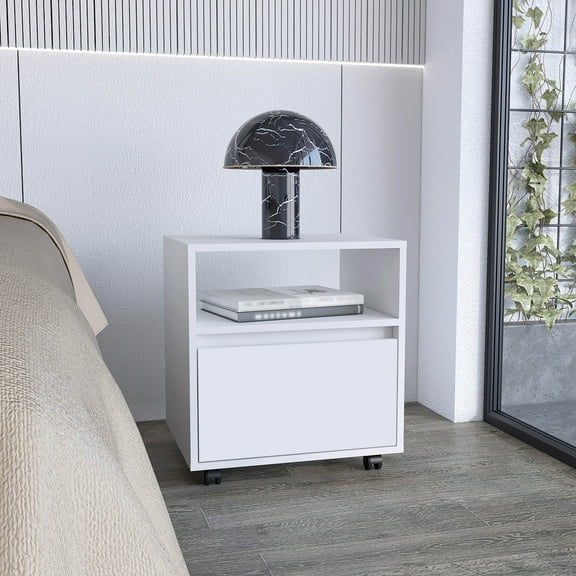 White Particle Board Modern Nightstand with 1 Drawer, Open Shelf & Casters | 20"H Bedroom Side Table for Essentials