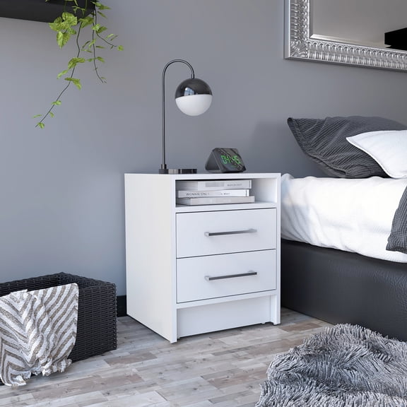 White Particle Board Nightstand | Keep Wallet, Keys in Two Drawers | Smart Storage Solution