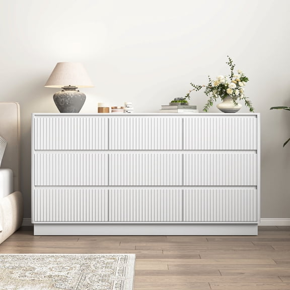 White Particle Board Nine Drawer Handle-Free Dresser Mid Century Wave Texture Storage Cabinet Multipurpose Side Cabinet for Bedroom Living Room Entryway Hall Closet