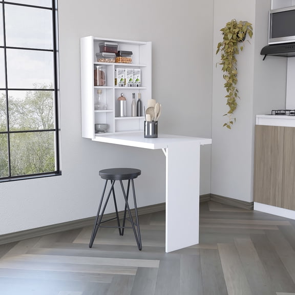 White Particle Board Wall Table - Multiple Shelf Hutch - Ideal for Small Spaces - Storage Utility