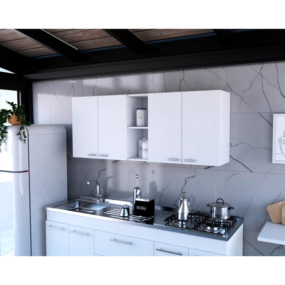 White, Particle Board Wall Unit - Two Open Shelves, Dish Organizer - Kitchen Wall Design - Keep Dishes in Place