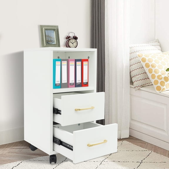 White Particleboard 30x30x60cm Side Table 2-Story Drawer Wheeled Mobile Locker Living Room Storage Table