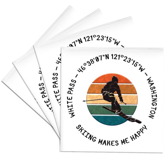 3drose, White Pass, Washington. Man Skier on White. Alpine Skiing, America, Set of 4 Ceramic Tile Coasters